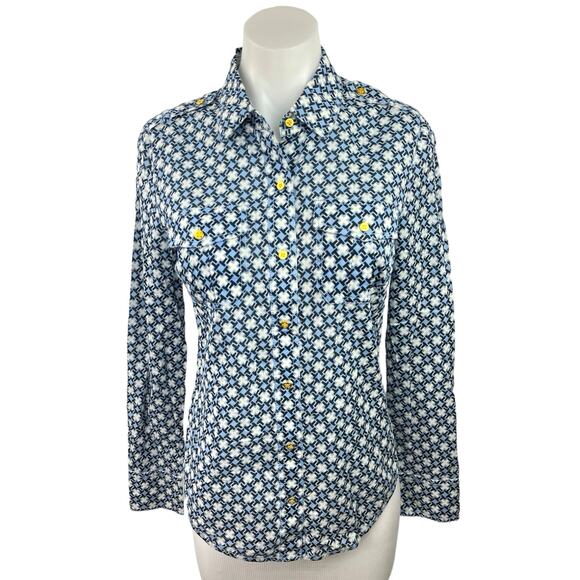 Tory Burch Blue White Printed Cross Pocket Casual Button Down Shirt Top Size 4 - Picture 1 of 4